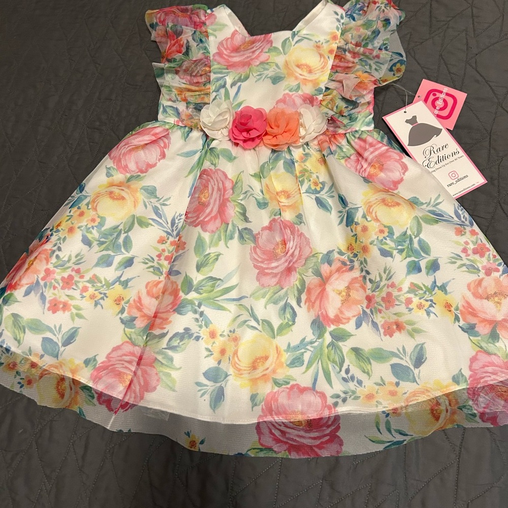 Rare Editions Floral Dress with Ruffle Sleeves